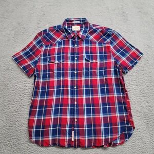 Lucky Brand Shirt Mens Large Red Plaid Pearl Snap Cowboy Outdoors Casual Classic